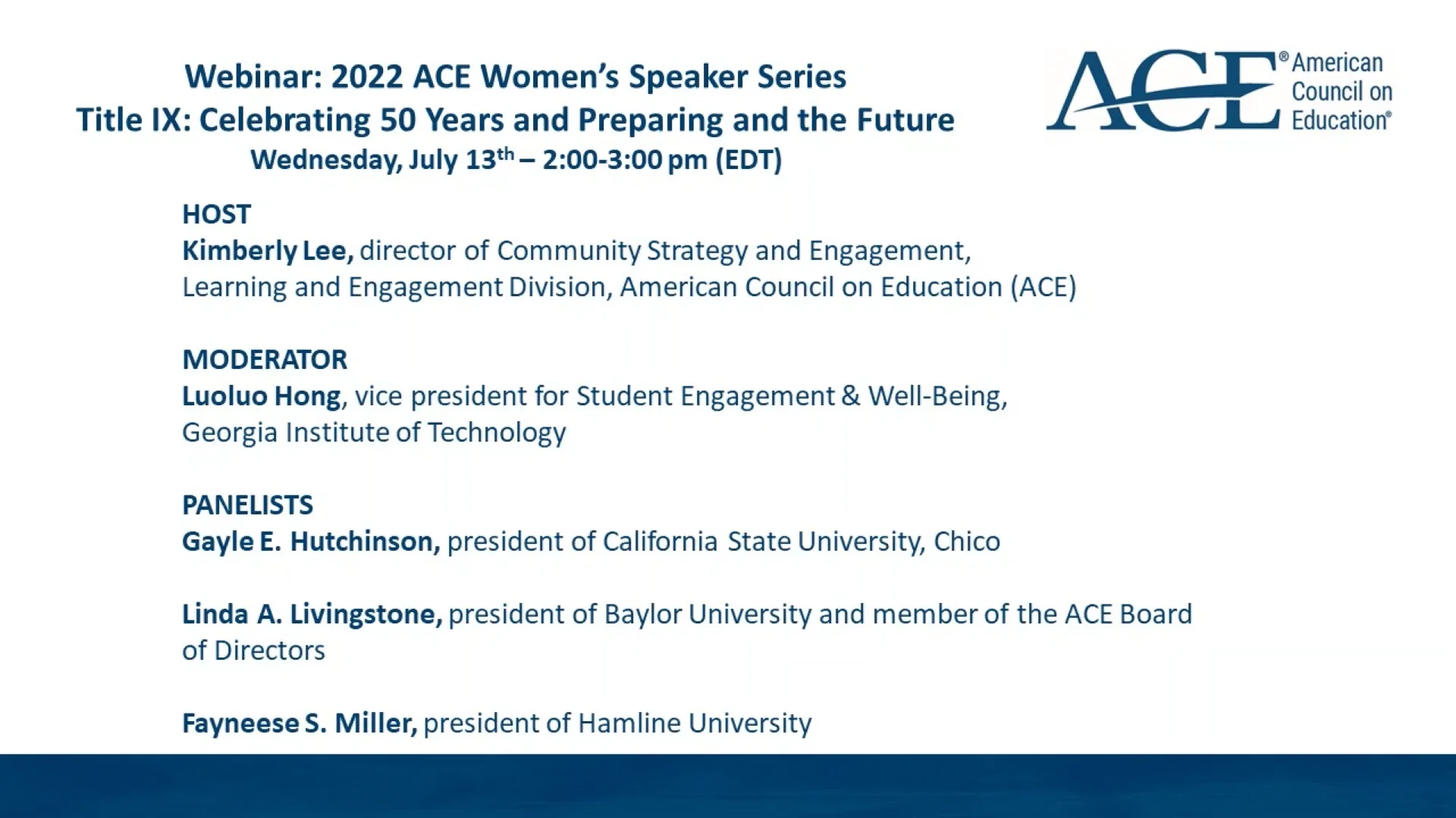 ACE Women's Speaker Series Title IX: Celebrating 50 Years and Preparing and  the Future on Vimeo