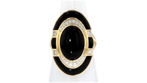 Black Onyx and .18 ct. t.w. Diamond Ring with Black Enamel in 18kt Gold Over Sterling