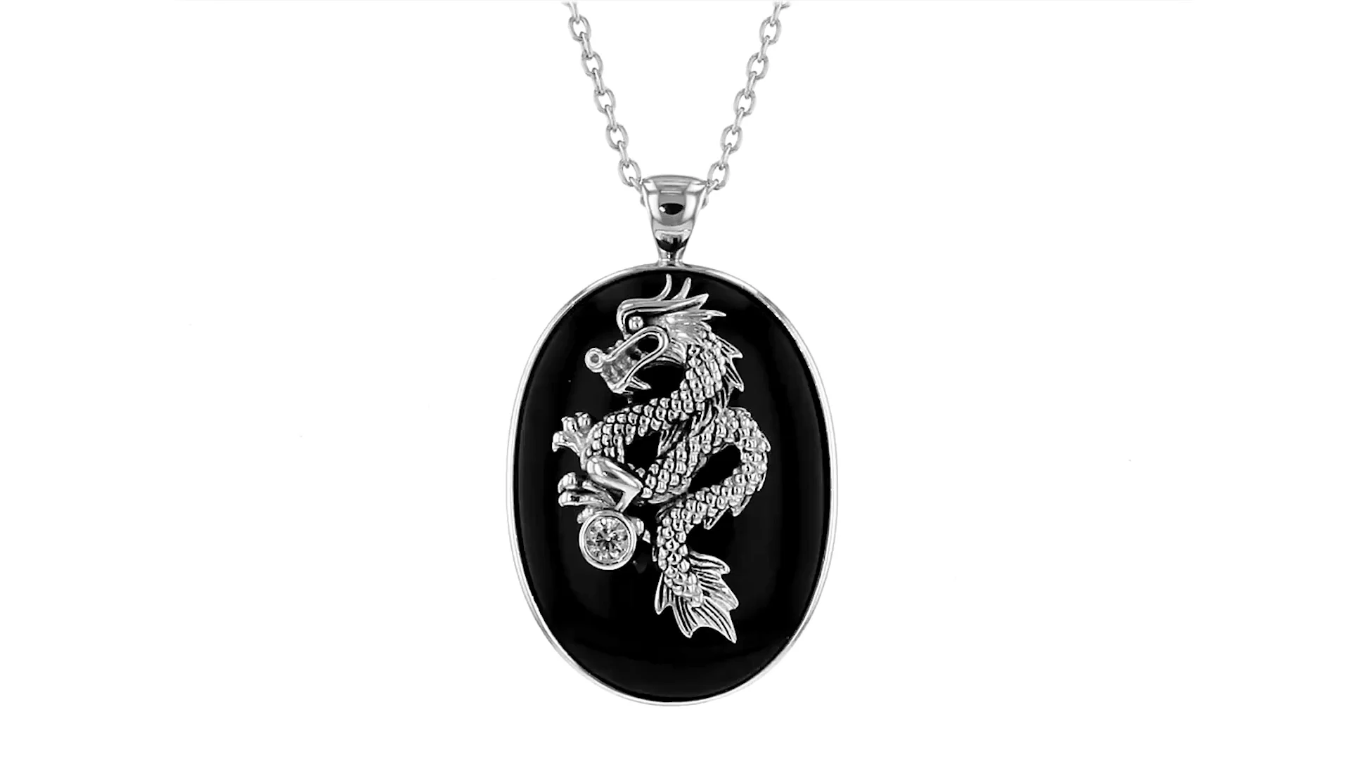 Black Onyx Dragon Pendant Necklace with .10 Carat CZ in Sterling