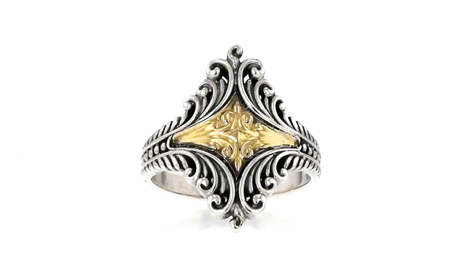 Sterling Silver and 18kt Yellow Gold Bali-Style Ring on Vimeo