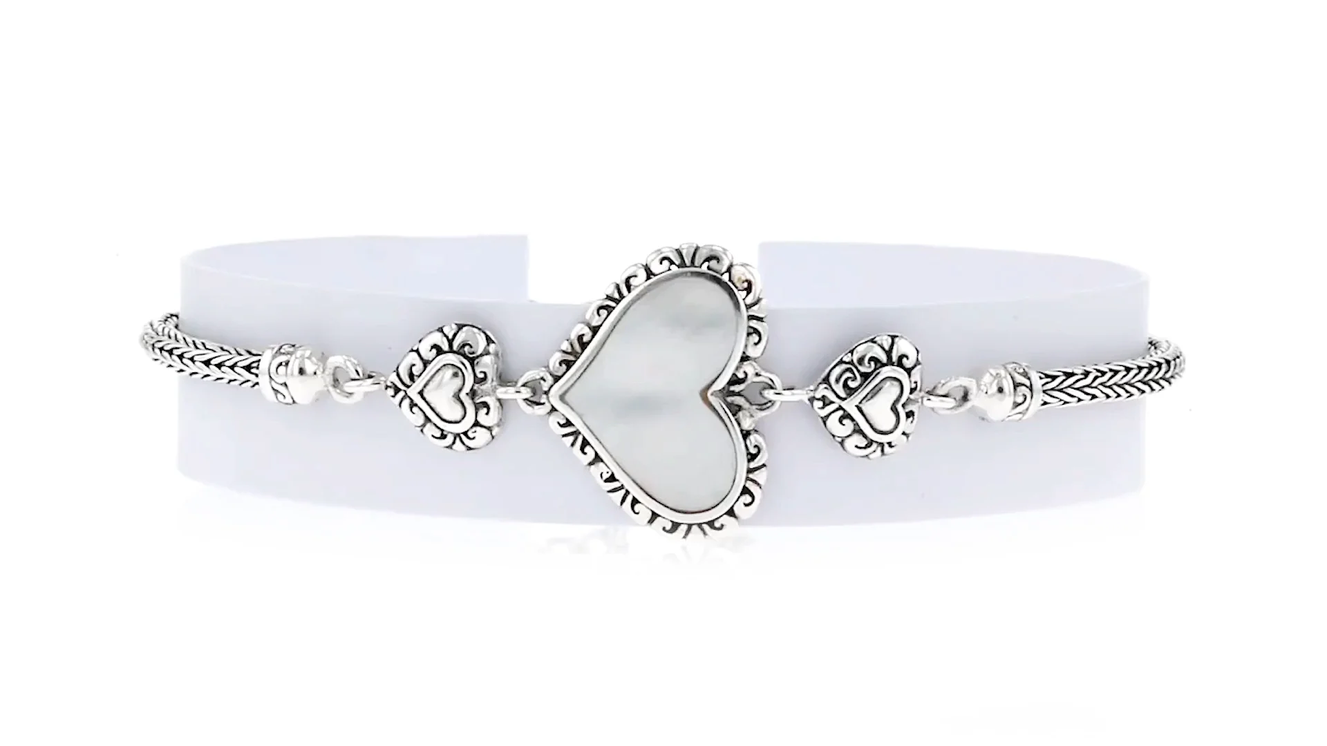 10x15mm Mother-of-Pearl Bali-Style Heart Bracelet in Sterling