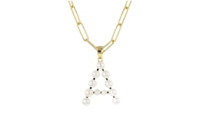 Cultured Pearl Initial Pendant Paper Clip Link Necklace in 18kt Gold Over Sterling