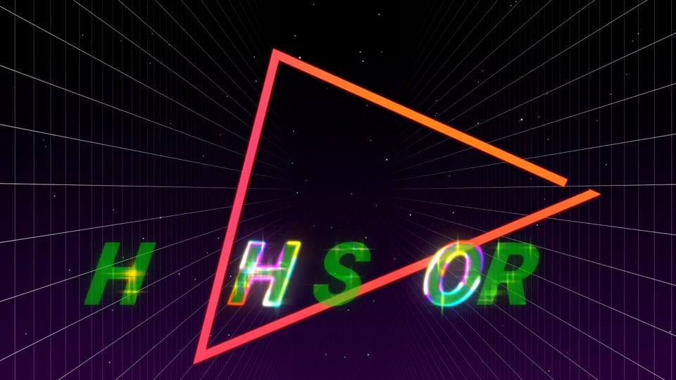 Animation of high score over black space with pink and orange triangles