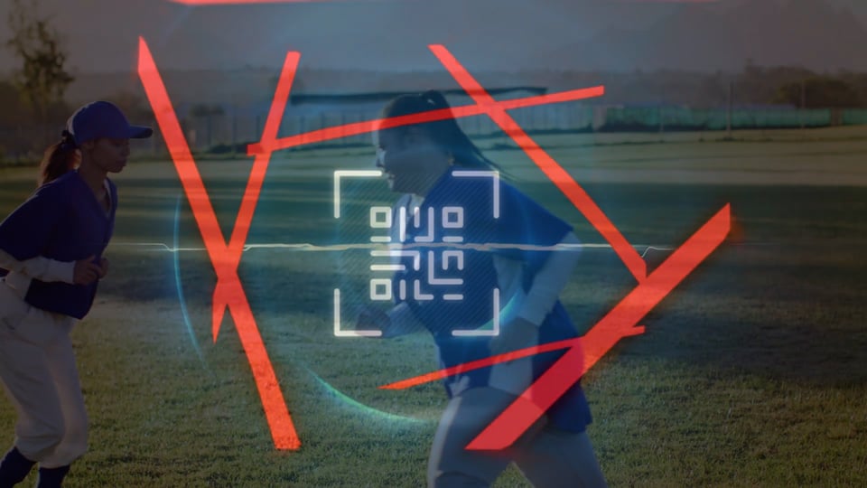 Animation of qr code and neon shapes over diverse baseball players