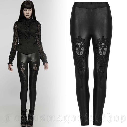 Women`s romantic Gothic, black leather finish leggings with