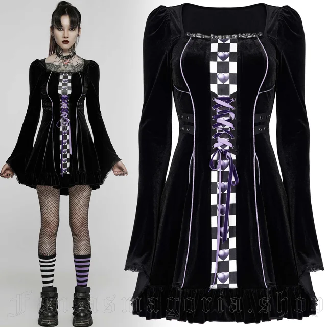 Gothic Lolita short black velvet checkered front piece