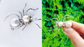 Gold, Cultured Pearl, Diamond, Ruby, Sapphire and Emerald Spider Brooch