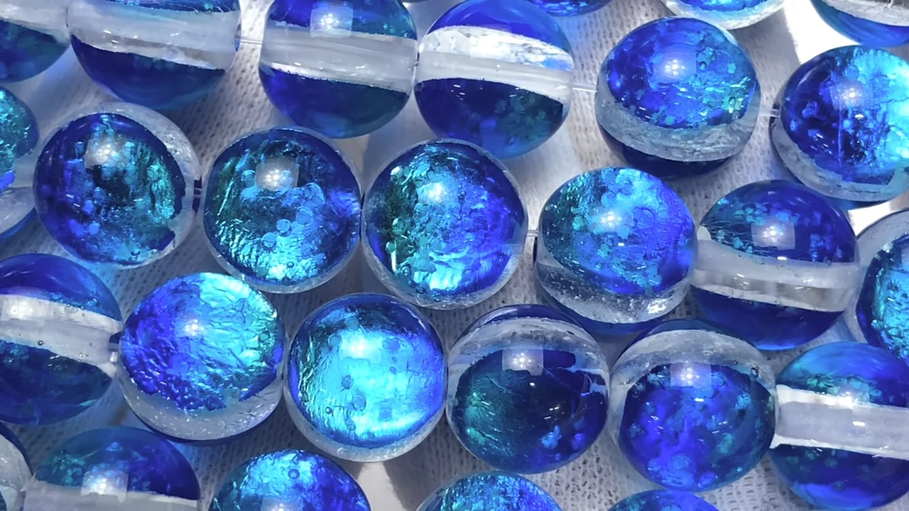 とんぼ玉 ラウンド12mm 【カビラブルー/蓄光タイプ】 1/4連～1連