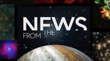 Title motif. In the center is white on-screen text reading “News from.” The text is against a dark background and placed just above a partial hemisphere of a planet resembling Jupiter. The planet has clouds and bands of orange and white. Several blurred astronomical images create a border along the left, right, and top edges of the frame.