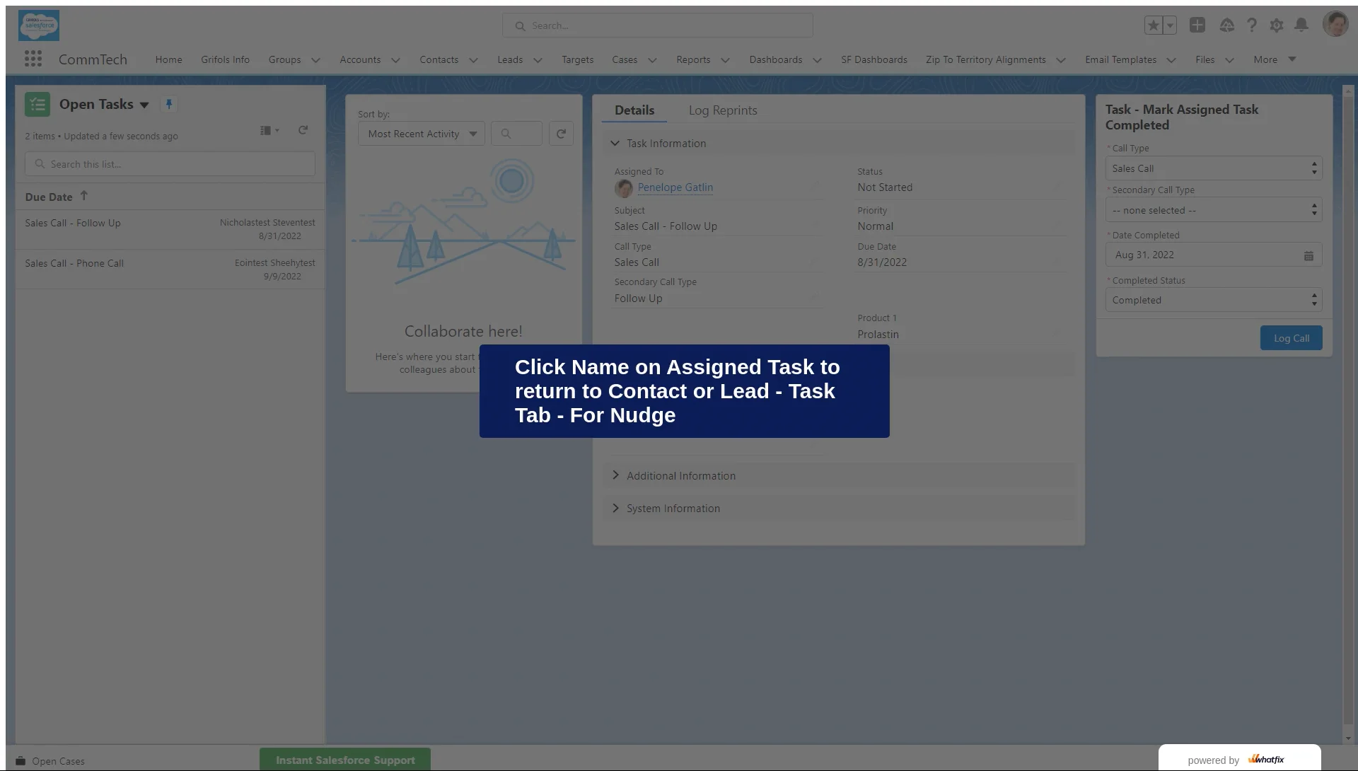 Click Name on Assigned Task to return to Contact or Lead - Task Tab ...