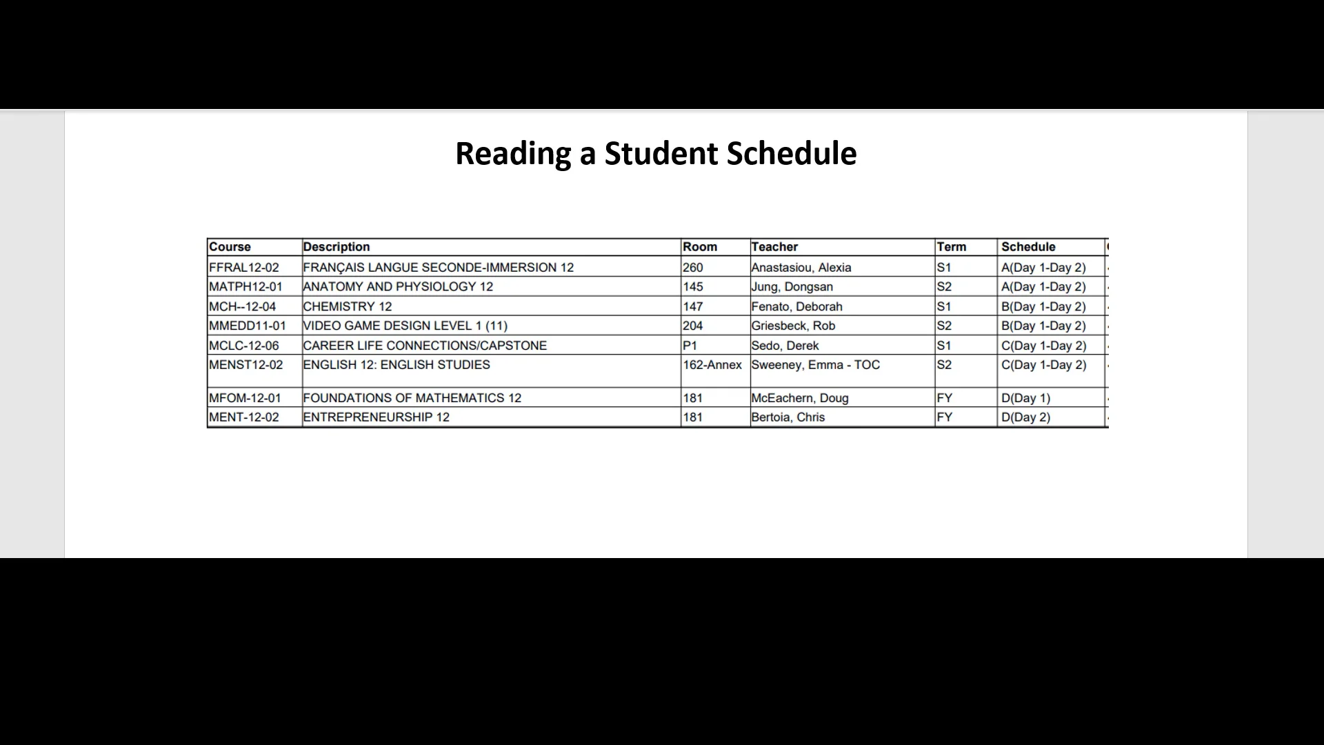 How to Read a Student Timetable