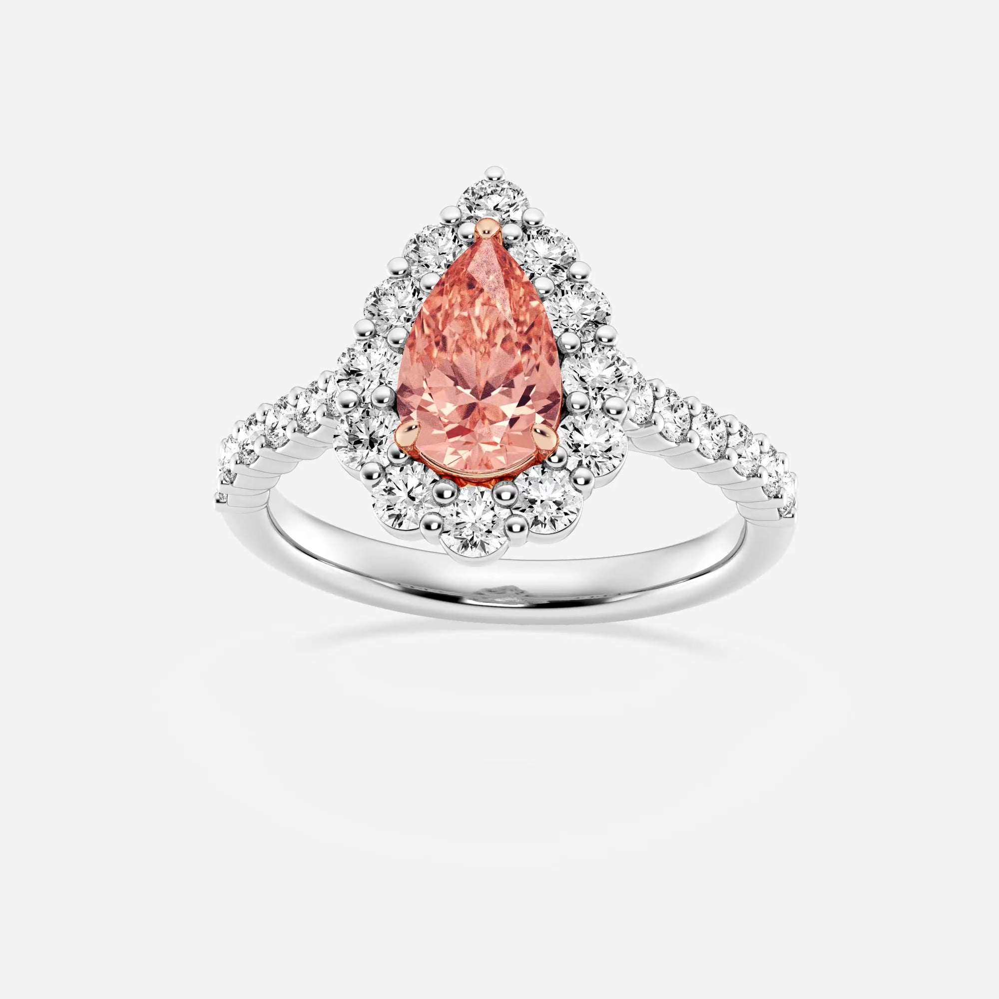 produktvideo til 2 ctw pærelaboratoriedyrket diamant fancy pink med pind sæt ramme Halo forlovelsesring
