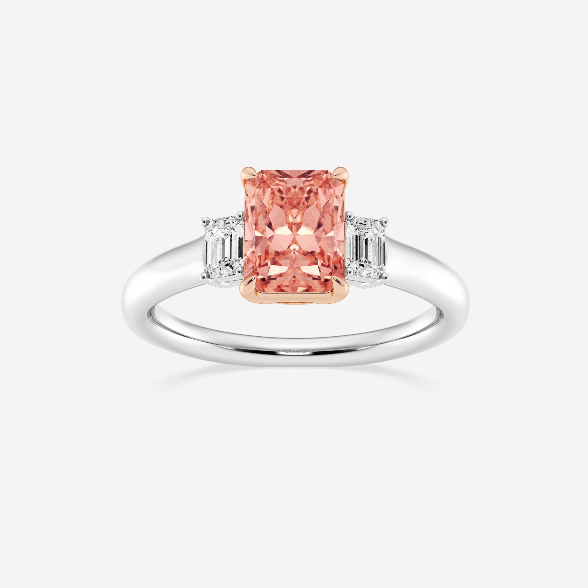 product video for 1 7/8 ctw Radiant Lab Grown Diamond Fancy Pink With Side Emerald Cuts Three-Stone Engagement Ring