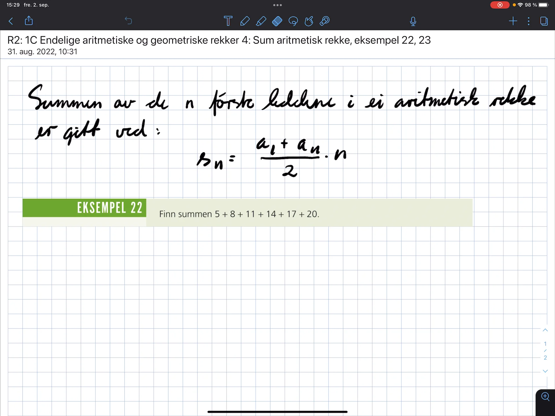 R2 1C Endelige aritmetiske og geometriske rekker 4 Sum aritmetisk rekke