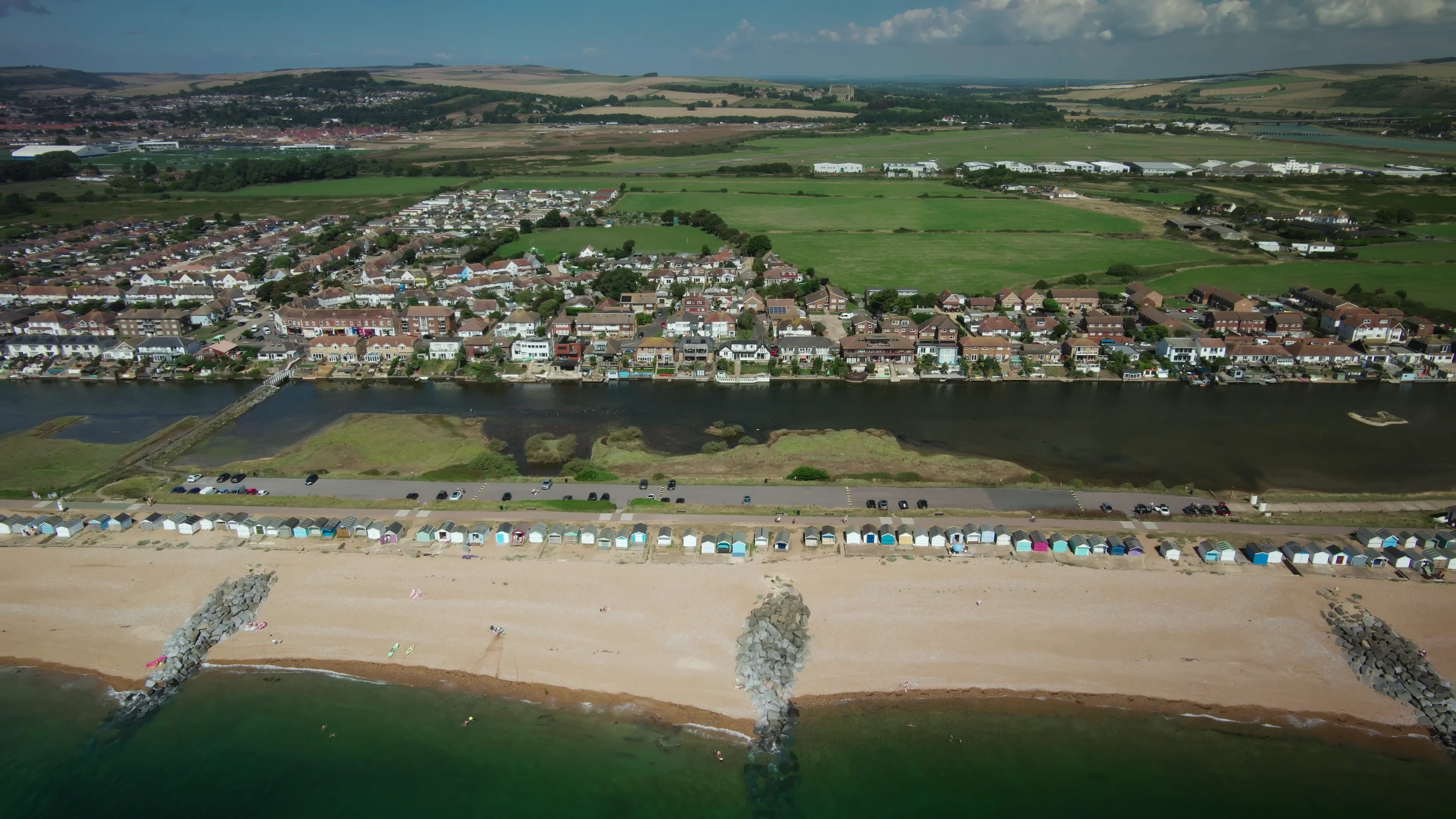LANCING BEACH AND LAGOON Aerial Drone Stock Footage