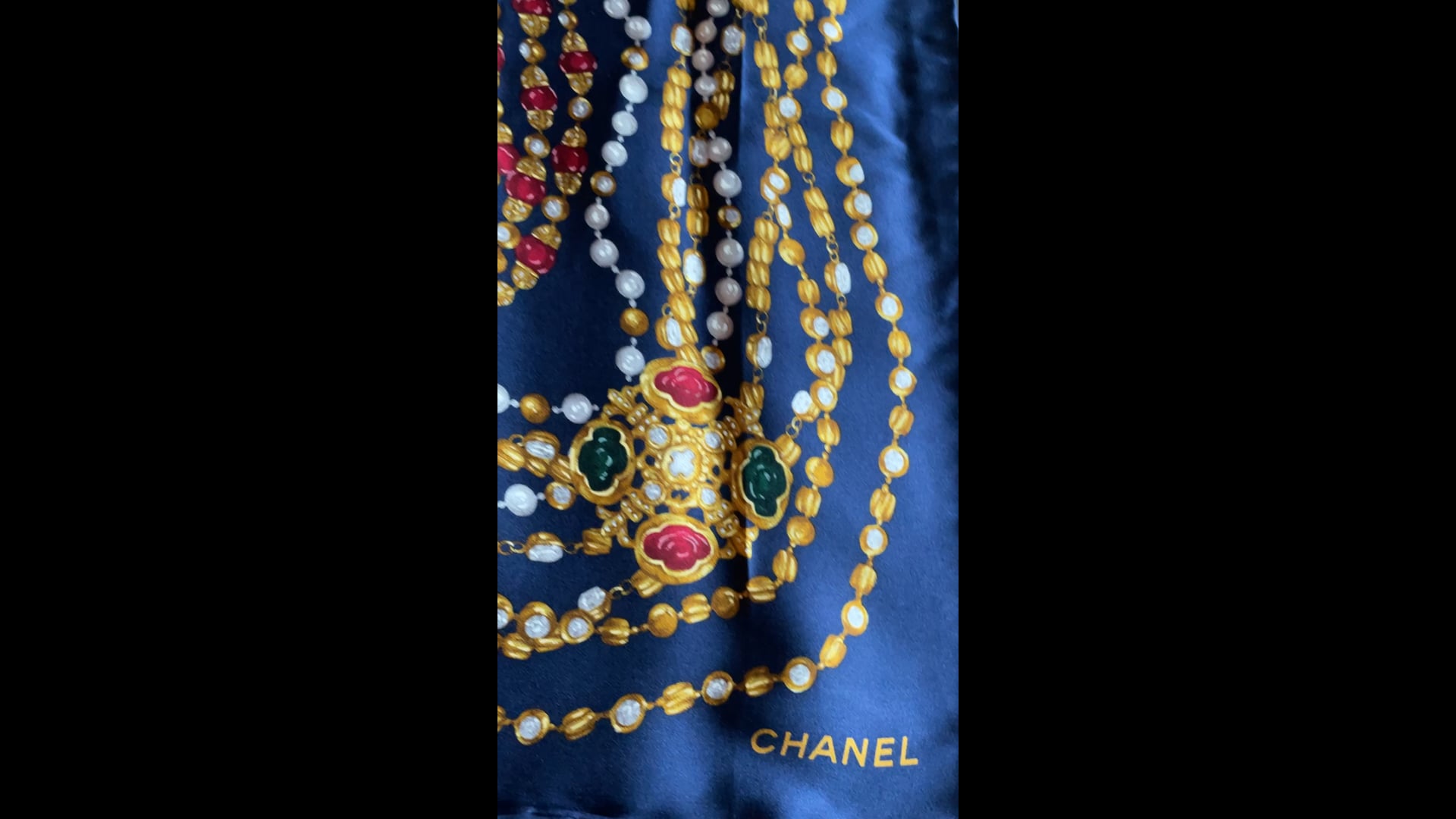 CHANEL authentic vintage silk scarf gripoix chains jewels at