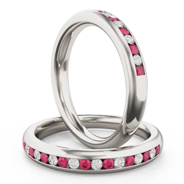 A stylish channel set ruby diamond eternity ring in 18ct white gold