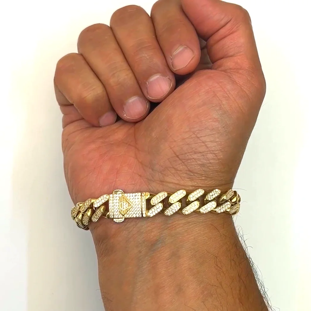14K Yellow Gold CZ Pave 11mm Miami ID Bar Bracelet (Hollow) 8