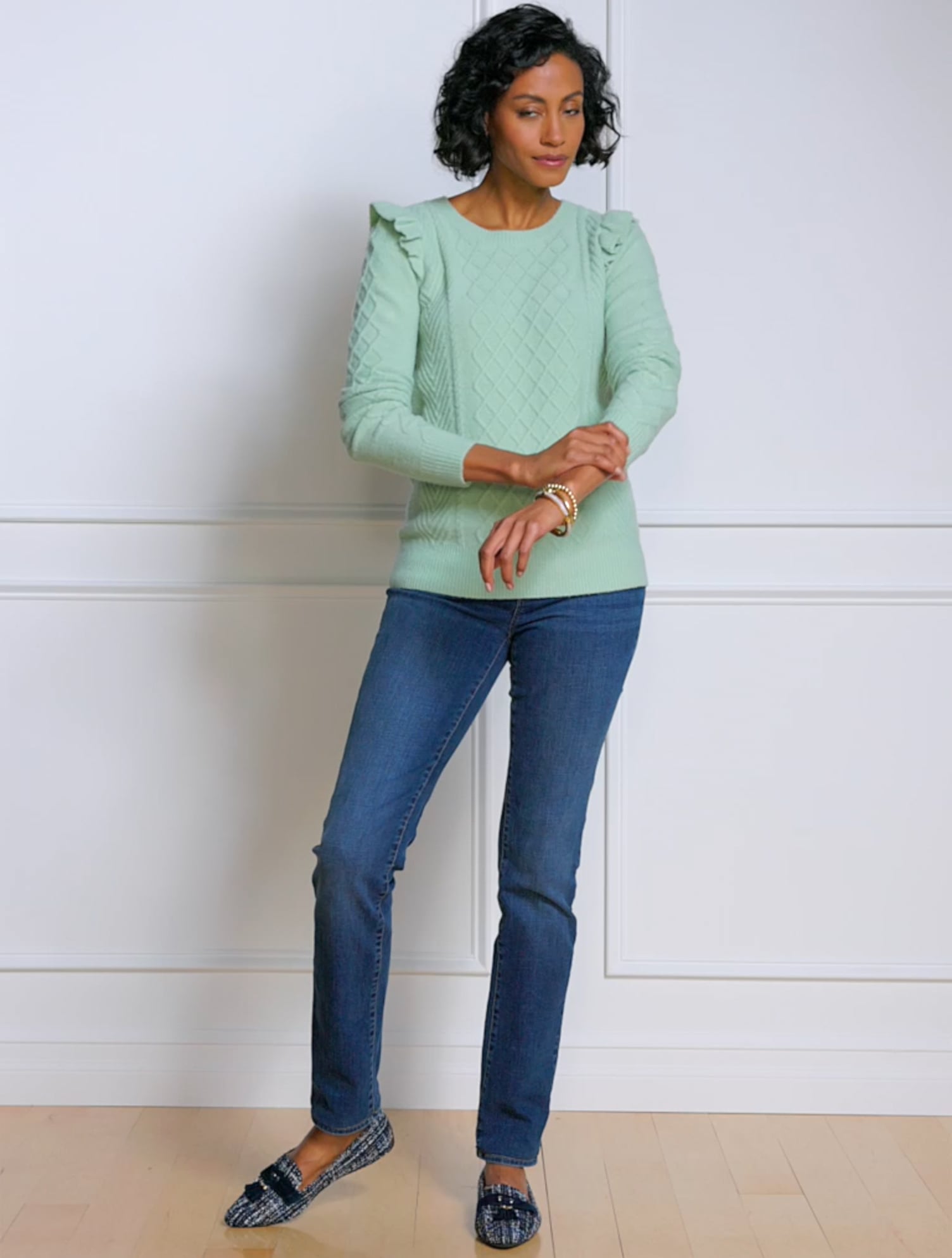 Cable Knit Ruffle Crewneck Sweater | Talbots