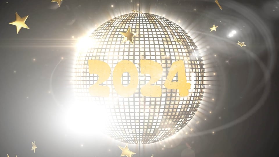 Animation of 2024, stars and disco ball rotating on background with