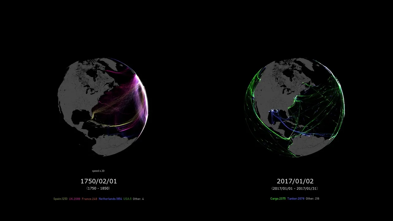 Visualization of the world's vessel routes in the 18th and