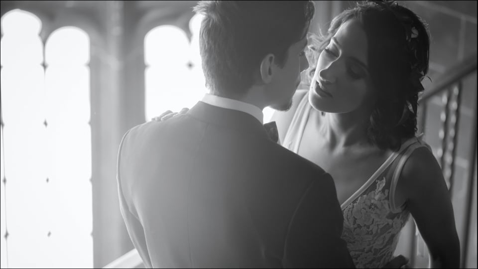 A wedding couple in a romantic embrace at UofT by Little Blue Lemon