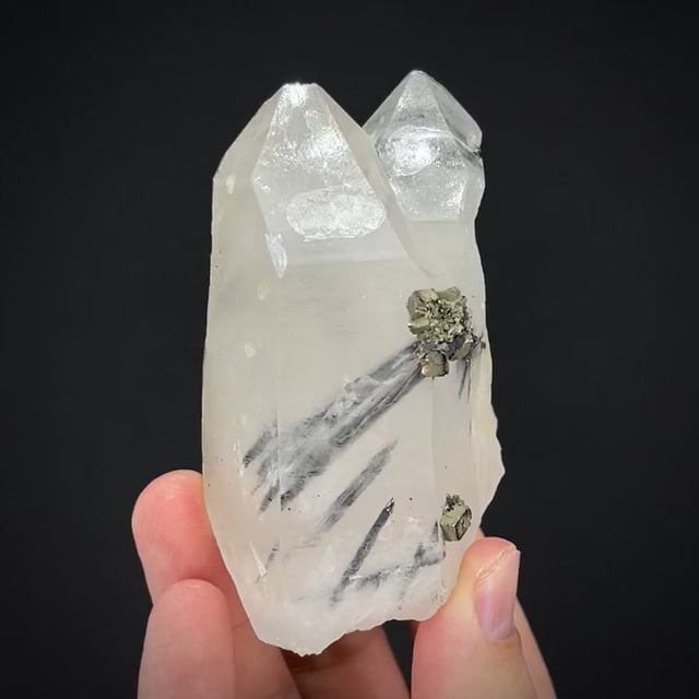 Bismuthinite and Pyrite in Quartz (Rare)