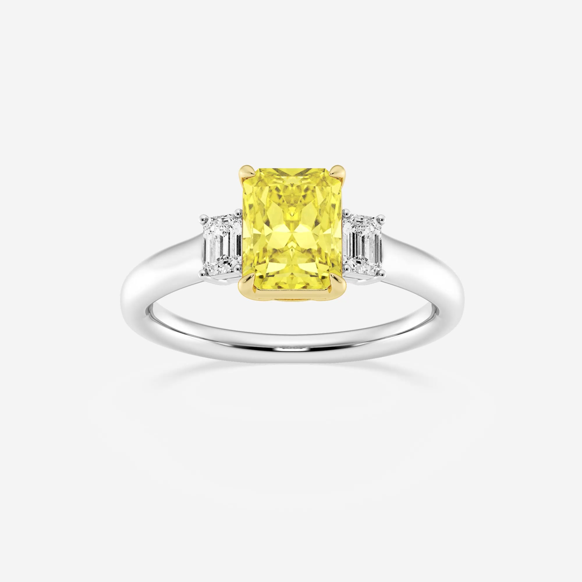 product video for 1 7/8 ctw Radiant Lab Grown Diamond Fancy Yellow With Side Emerald Cuts Three-Stone Engagement Ring