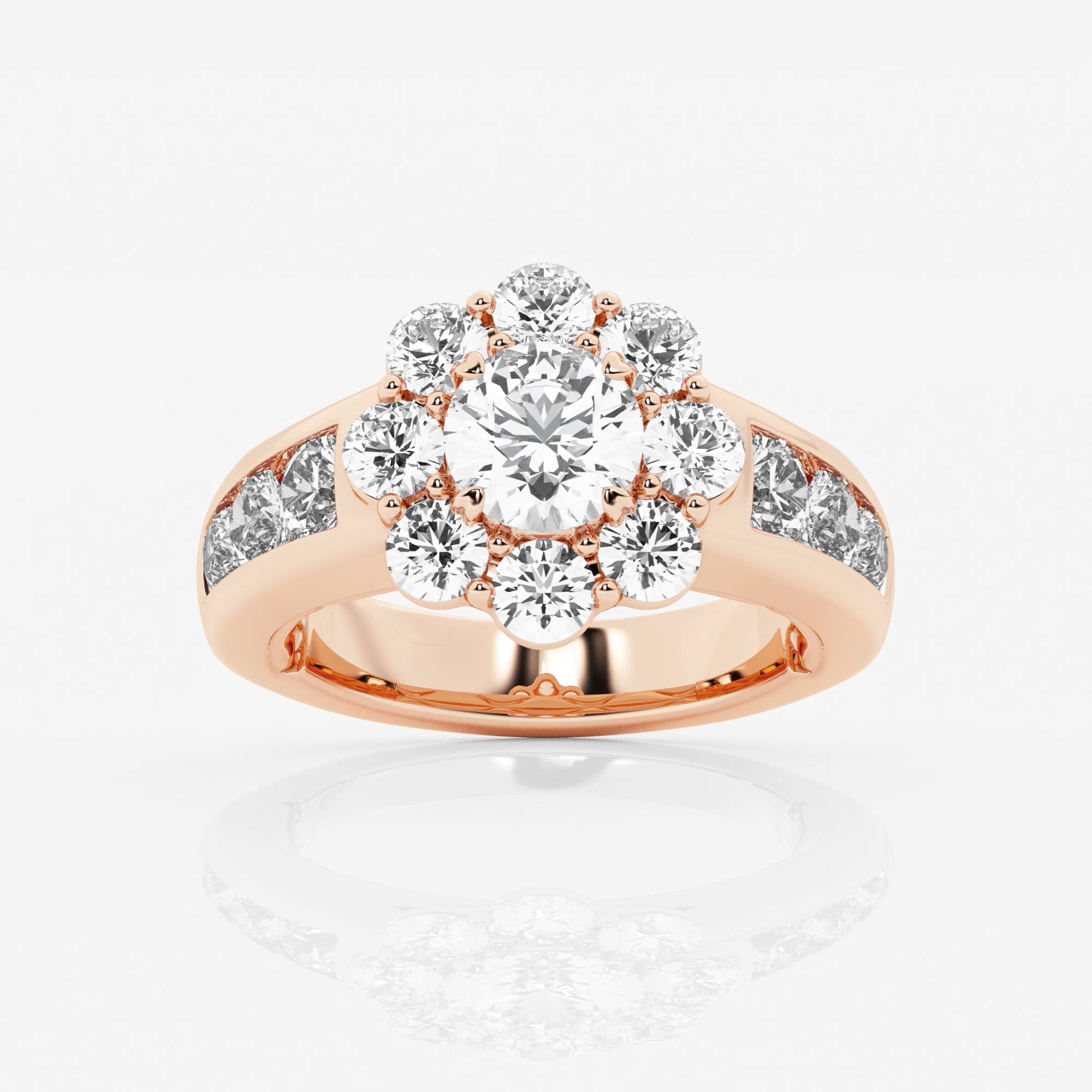 product video for 3 1/4 ctw Round Lab Grown Diamond Floral Ring with Channel Set