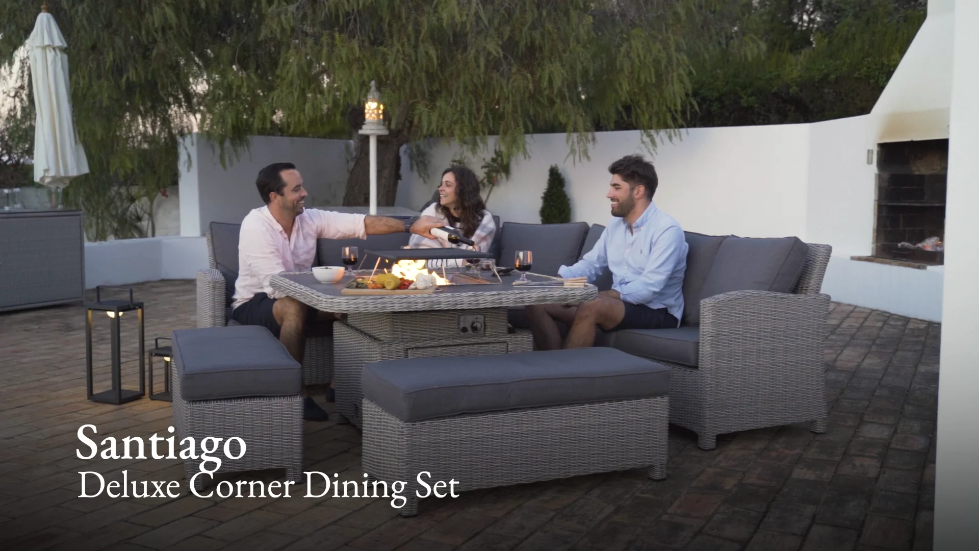 Santiago Deluxe Rattan Corner Dining Set With Rising Firepit Table on Vimeo