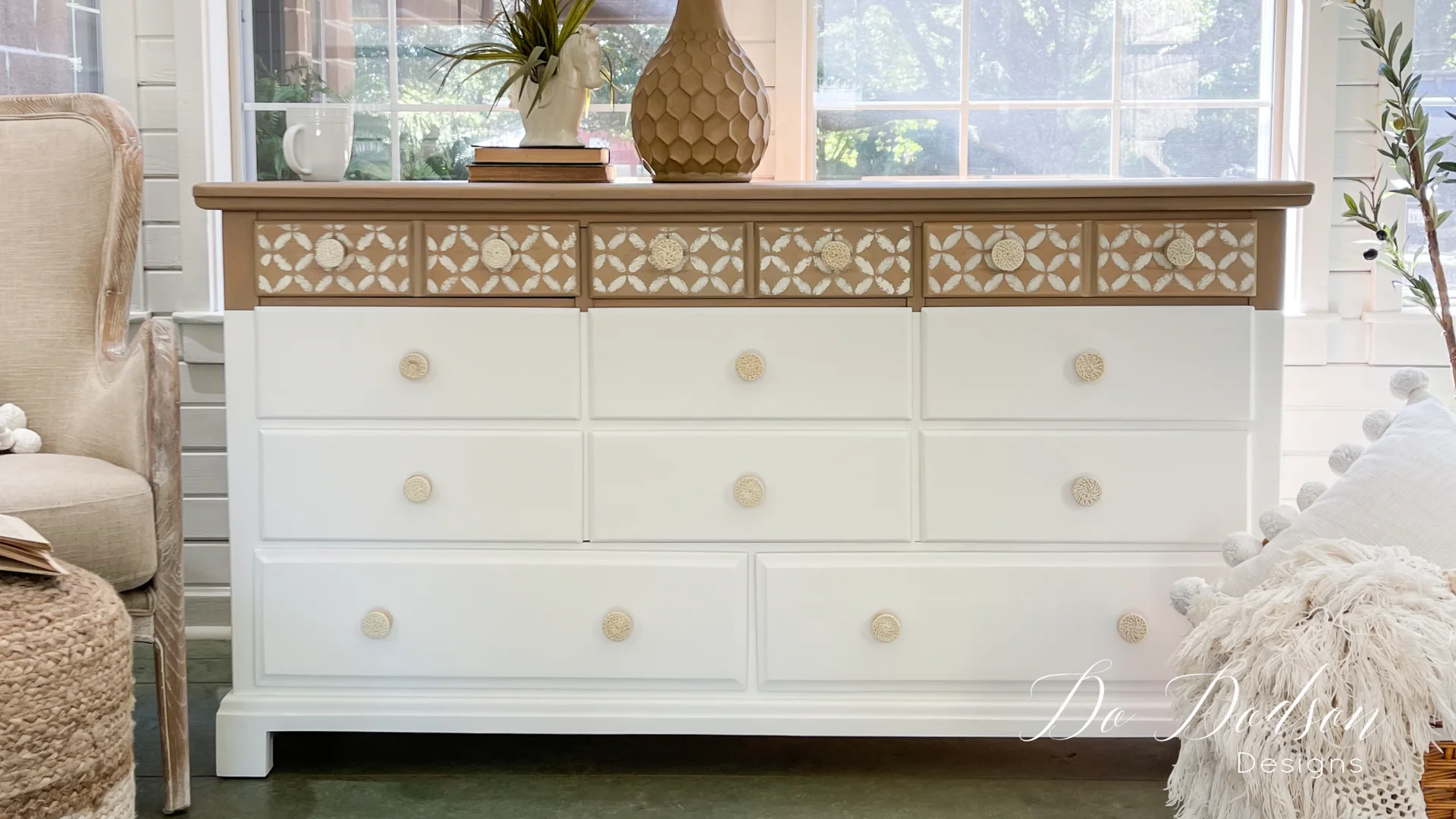 White And Natural Wood Dresser Makeover