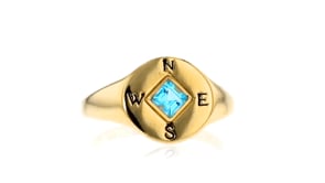 30 Carat Swiss Blue Topaz and Black Enamel Compass Signet Ring in 18kt Gold Over Sterling