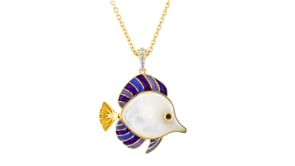 Mother-of-Pearl and Multicolored Enamel Fish Pendant Necklace with Multi-Gemstone Accents in 18kt Gold Over Sterling