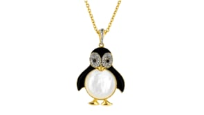 Mother-of-Pearl and .10 ct. t.w. White Topaz Penguin Pendant Necklace with Black Enamel and Sapphire Accents in 18kt Gold Over S