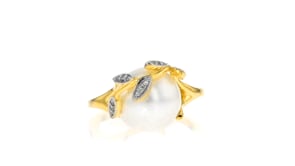 11-11.5mm Cultured Pearl Leaf Ring with Diamond Accents in 18kt Gold Over Sterling