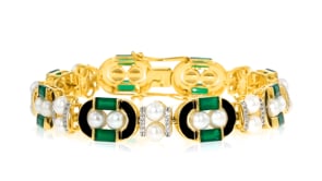 Green Chalcedony, 5mm Cultured Pearl and 1.10 ct. t.w. White Topaz Bracelet with Black Enamel in 18kt Gold Over Sterling