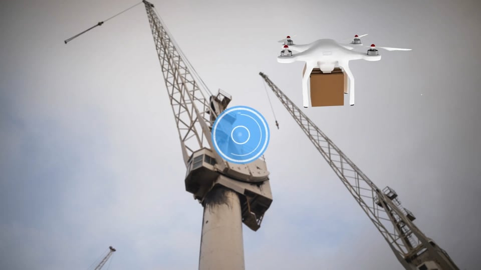 A white drone carrying a brown box is shown hovering against a backdrop