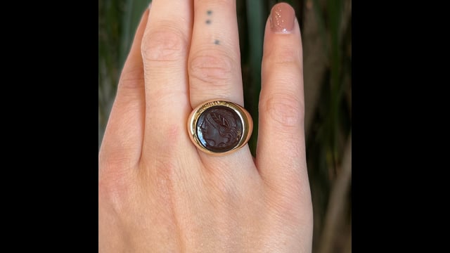 Mid-Century Sardonyx Intaglio Cocktail Ring in 10k Yellow Gold