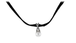 7-7.5mm Cultured Pearl and Black Velvet Choker Necklace with Diamond Accents