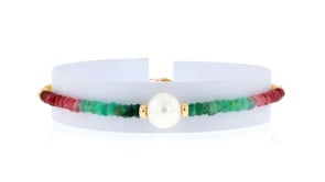 9-10mm Cultured Pearl and 22.00 ct. t.w. Multicolored Sapphire Bracelet in 14kt Yellow Gold