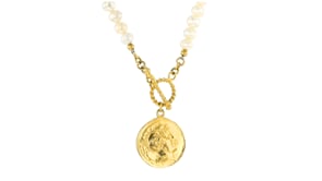 5.5-6mm Cultured Pearl and Replica Roman Coin Charm Necklace in 18kt Gold Over Sterling