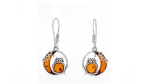 Amber Owl and Crescent Moon Drop Earrings in Sterling Silver