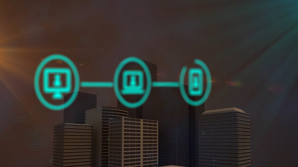 Animation of light and connections with icons over modern buildings