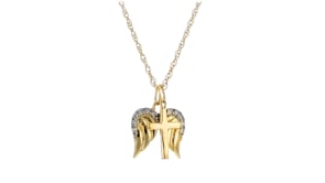 14kt Yellow Gold Cross and Angel Wings Pendant Necklace with Diamond Accents