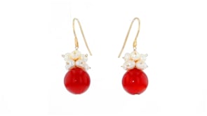 10-10.5mm Red Coral and 3-4mm Cultured Pearl Cluster Drop Earrings in 14kt Yellow Gold