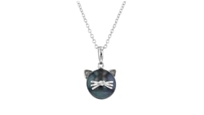 9-9.5mm Black Cultured Pearl Cat Pendant Necklace with Diamond Accents in Sterling Silver