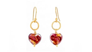 Italian Red and Pink Murano Glass Heart Drop Earrings in 18kt Gold Over Sterling