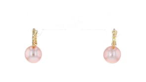 8-8.5mm Pink Cultured Pearl Huggie Hoop Drop Earrings with Diamond Accents in 14kt Yellow Gold