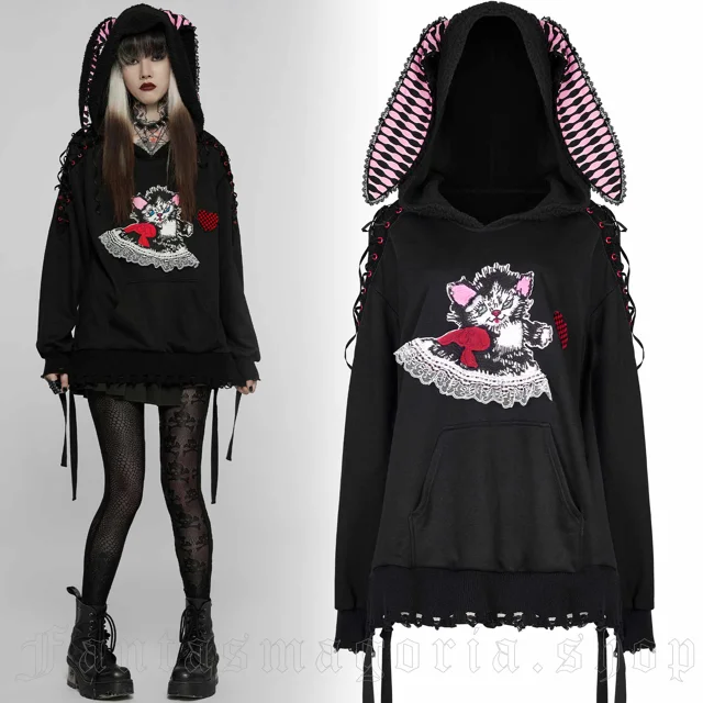 Kawaii Girl Embroidery Black Sweatshirt Harajuku Style Oversize