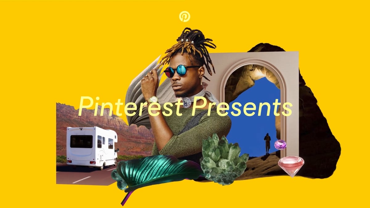 Film still: bold yellow Pinterest Presents title card with collaged imagery.